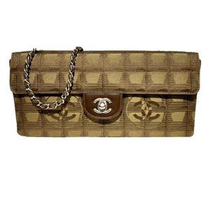 CHANEL Green Brown Travel Line East West Chocolate Bar Flap Bag Handbag 2002